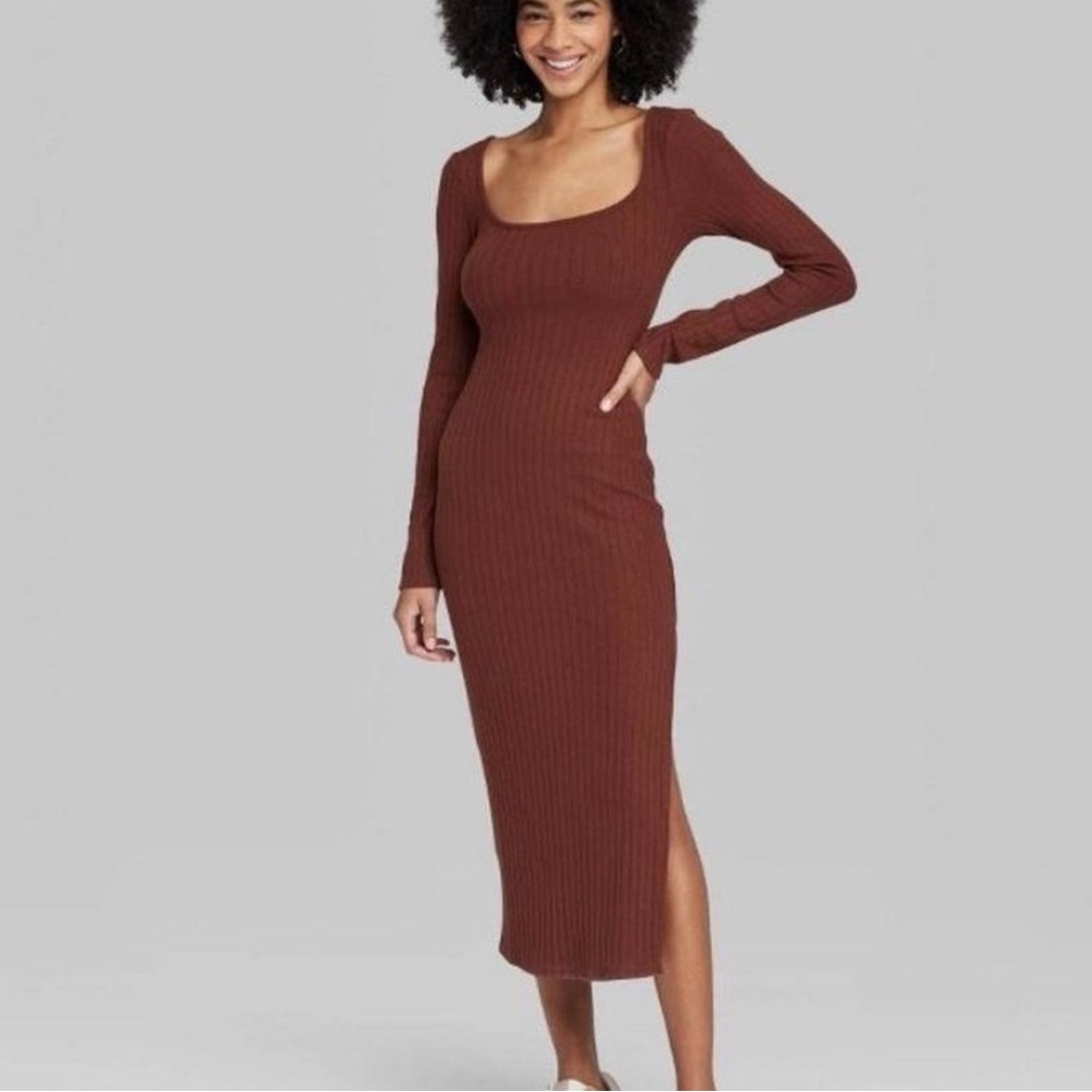 Wild Fable Brown Ribbed Bodycon Midi Dress